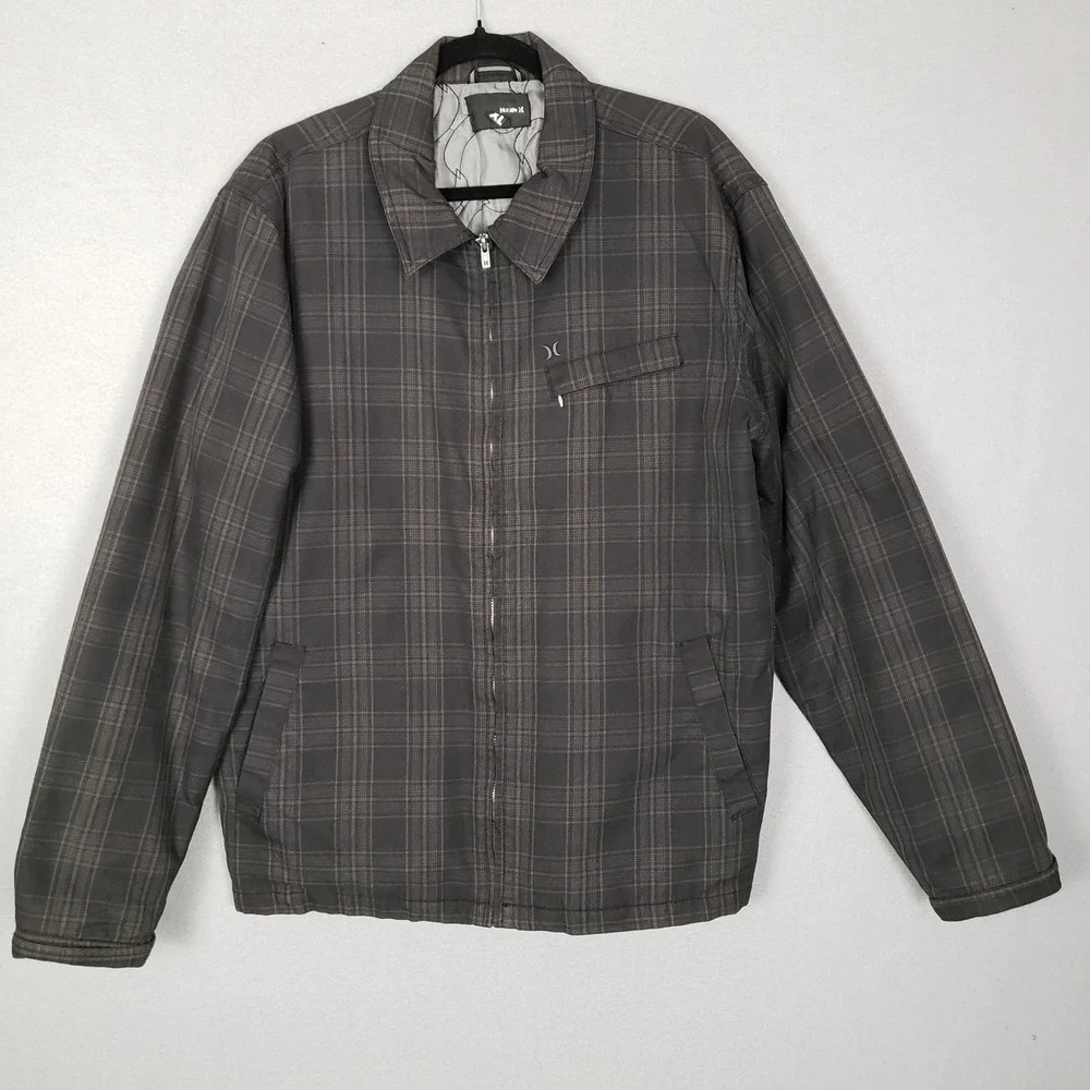 Hurley Mens XL Zip Flannel Jacket Insulated Shacket Black Plaid Grunge Outdoor